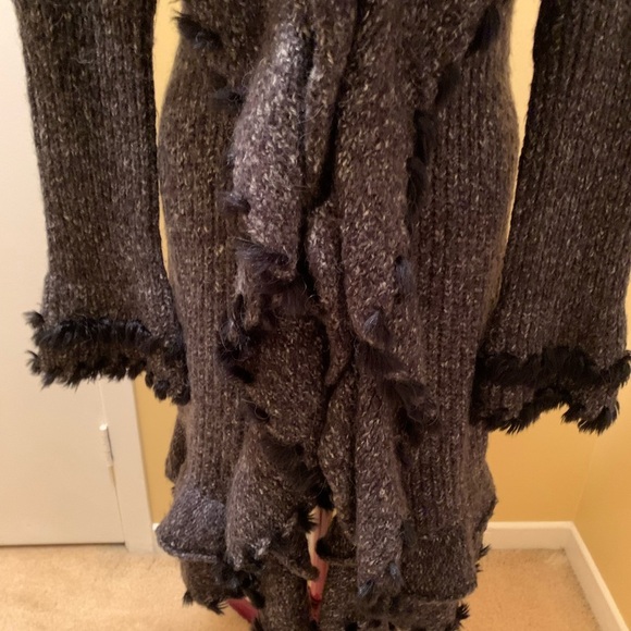 Olivia M long cardigan with knit ruffles and faux fur tuft trim NWOT - Picture 7 of 17
